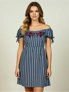 Hollister Dress Size Small Striped Embroidered Floral Spring Summer Stretch